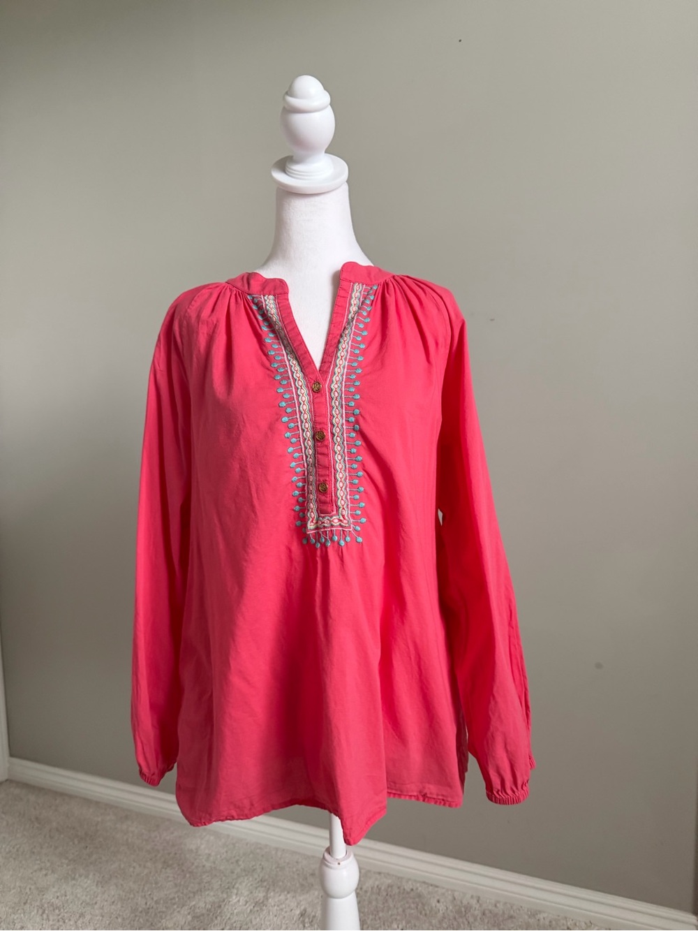 Lilly Pulitzer Coral Pink Embroidered Henley Tunic